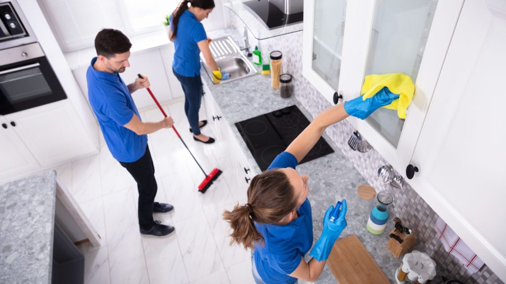 Team cleaning modern kitchen.