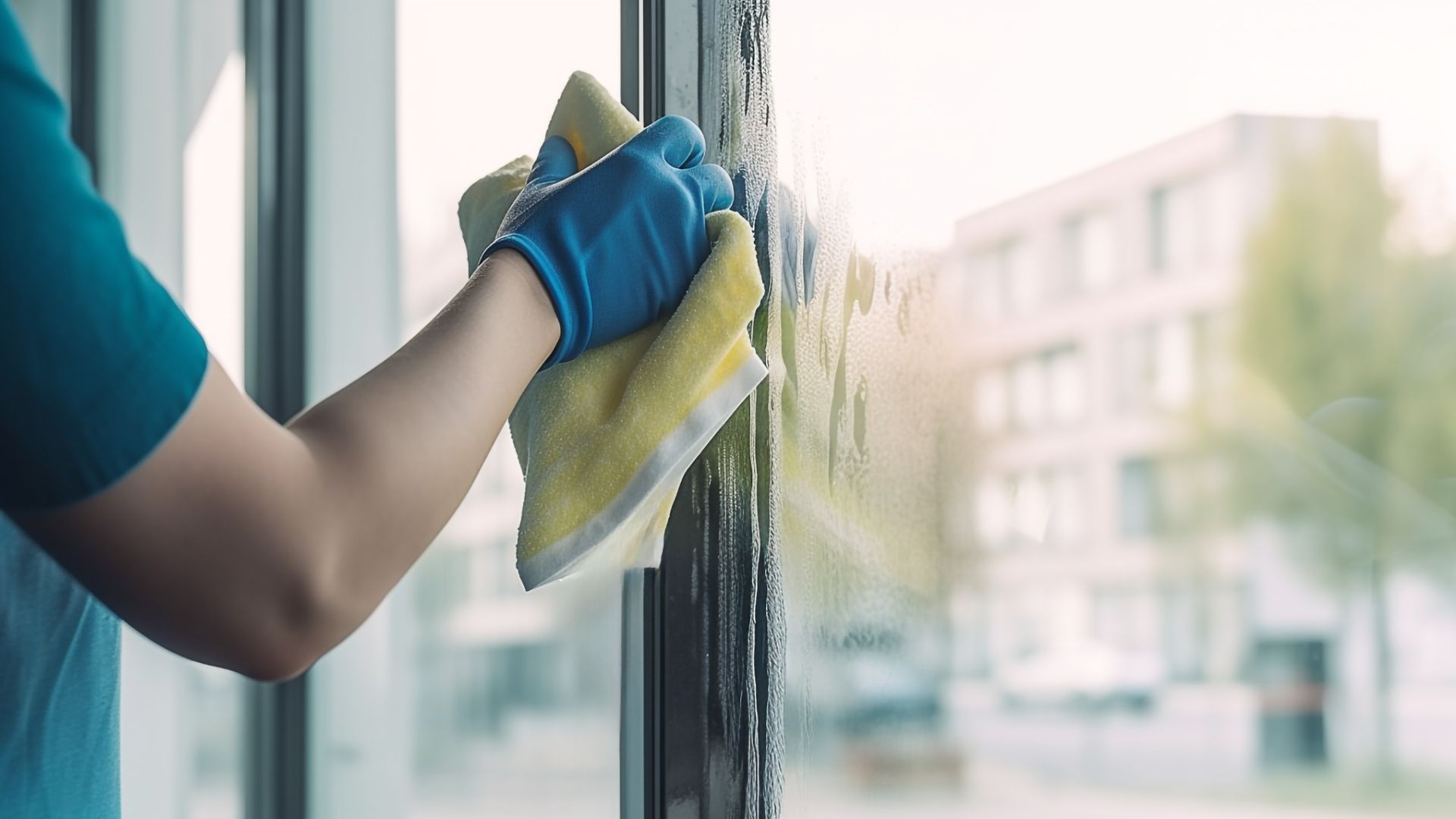 Person cleaning window with yellow cloth.