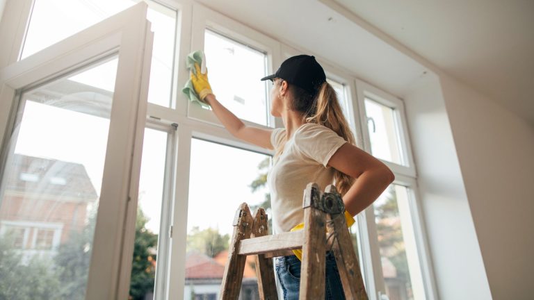 Woman cleaning windows on a ladder.